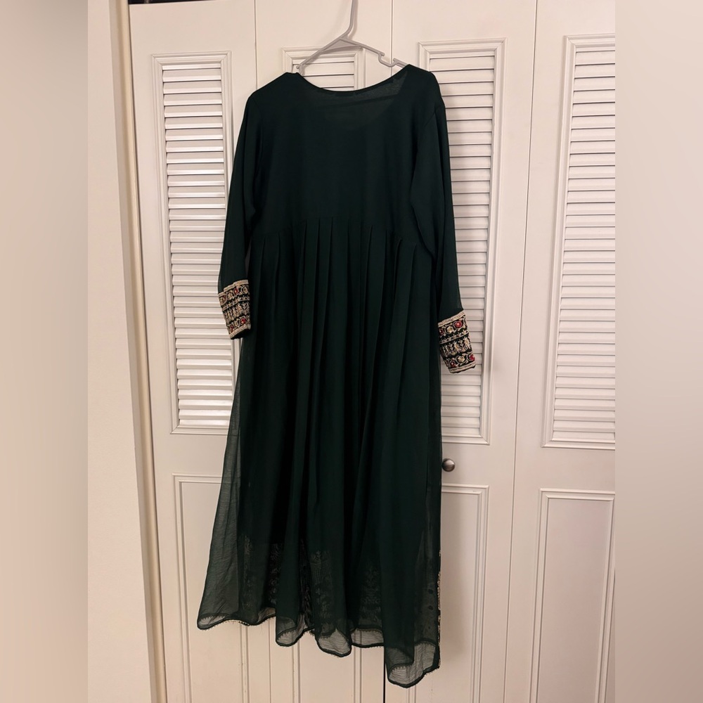 3 Pcs Dark Green Womens Embroidered Long Frock Pakistani Indian Size Medium - Picture 4 of 6